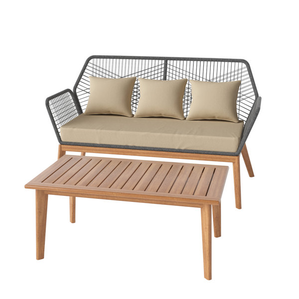 George Oliver Modern Outdoor Sofa – Red Oak & Braided Rope Sofa With Matching Long Table ...